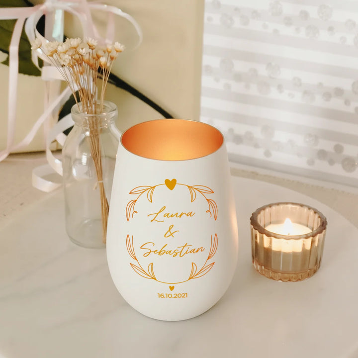 Personalisiertes Windlicht Weiß "Namen & Datum"
