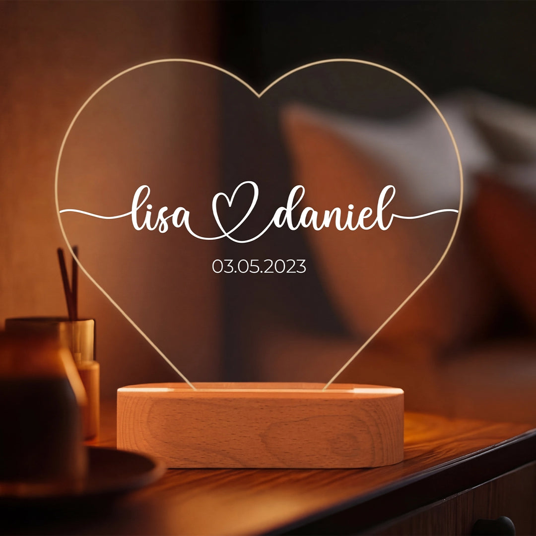 Personalisiertes Herz Acryl-Licht "Namen & Datum" | Nachtlicht, Dekolicht, Glowlight