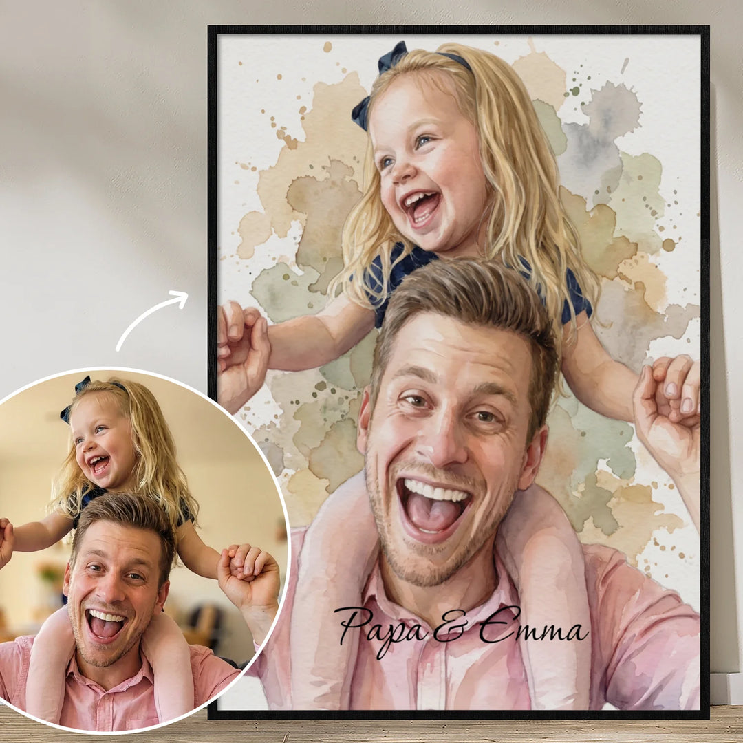 Personalisiertes Poster „Aquarell Bester Papa“ als Geschenk für Papa: Aquarell-Porträt von Vater und Tochter mit Namen nach Foto