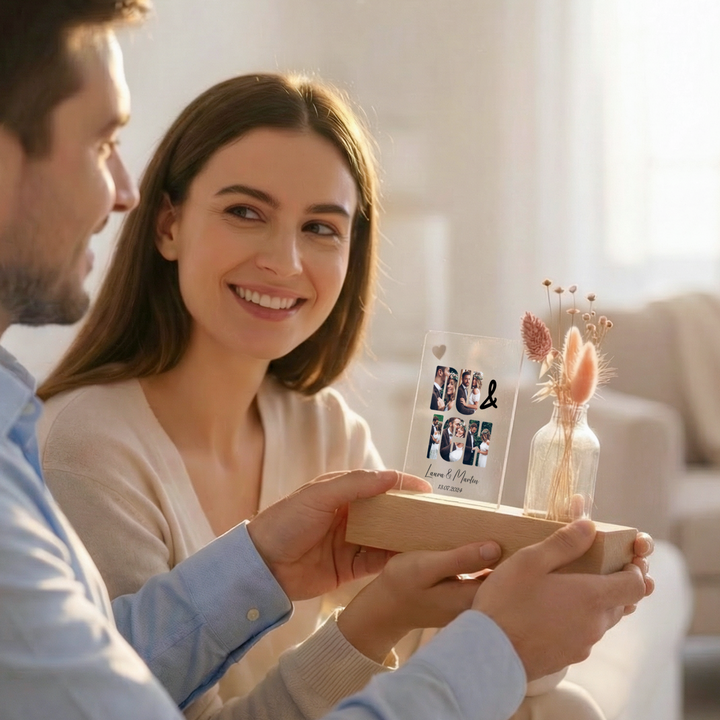 Personalisiertes Acryl-Glas mit Vase und Trockenblumen "Du & Ich"