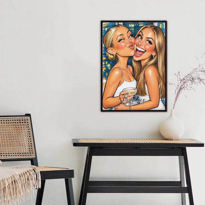 Besties-Sketch-Poster im Rahmen an der Wand über einem Tisch
