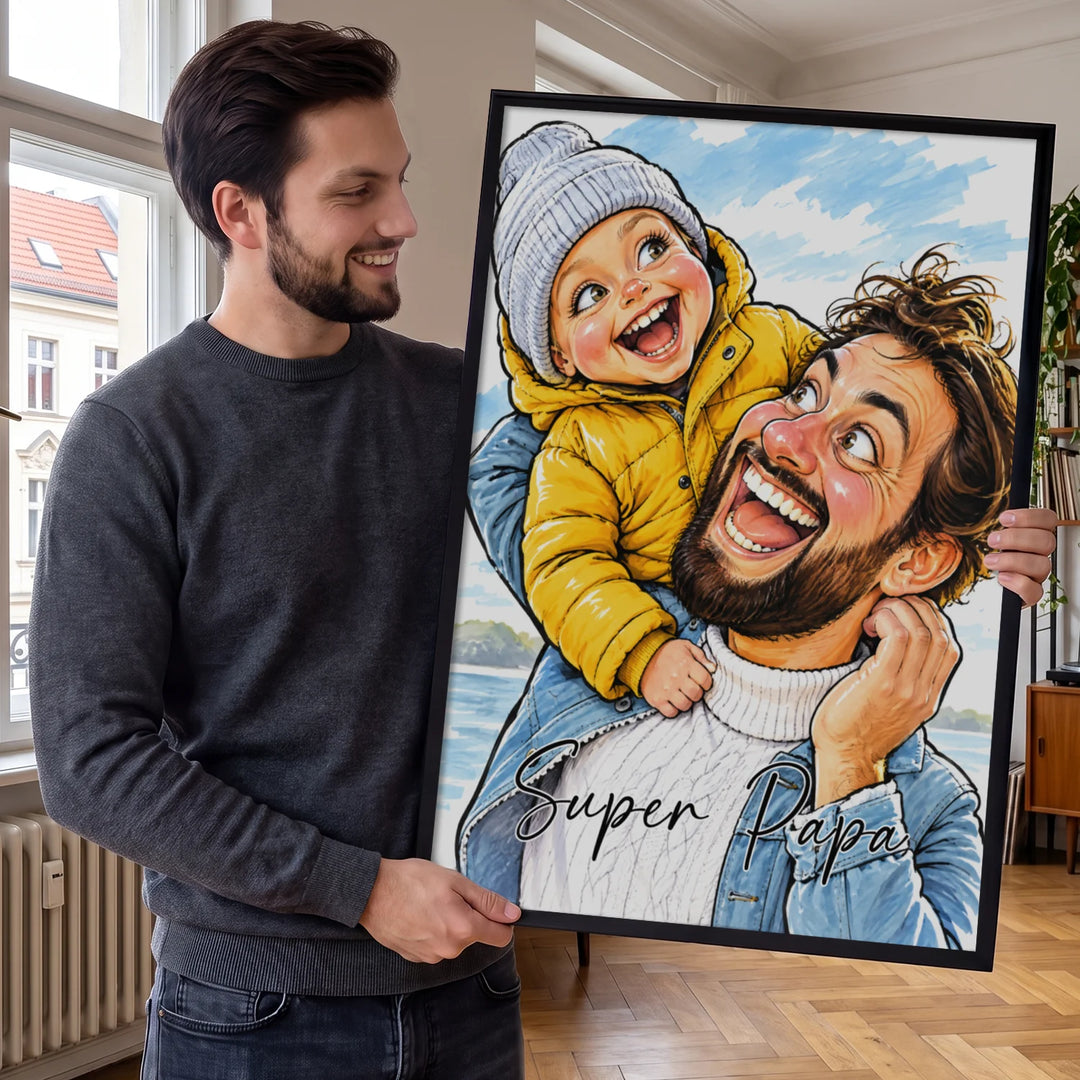 Mann hält das gerahmte Sketch-Poster mit Papa, Baby und Schriftzug Super Papa