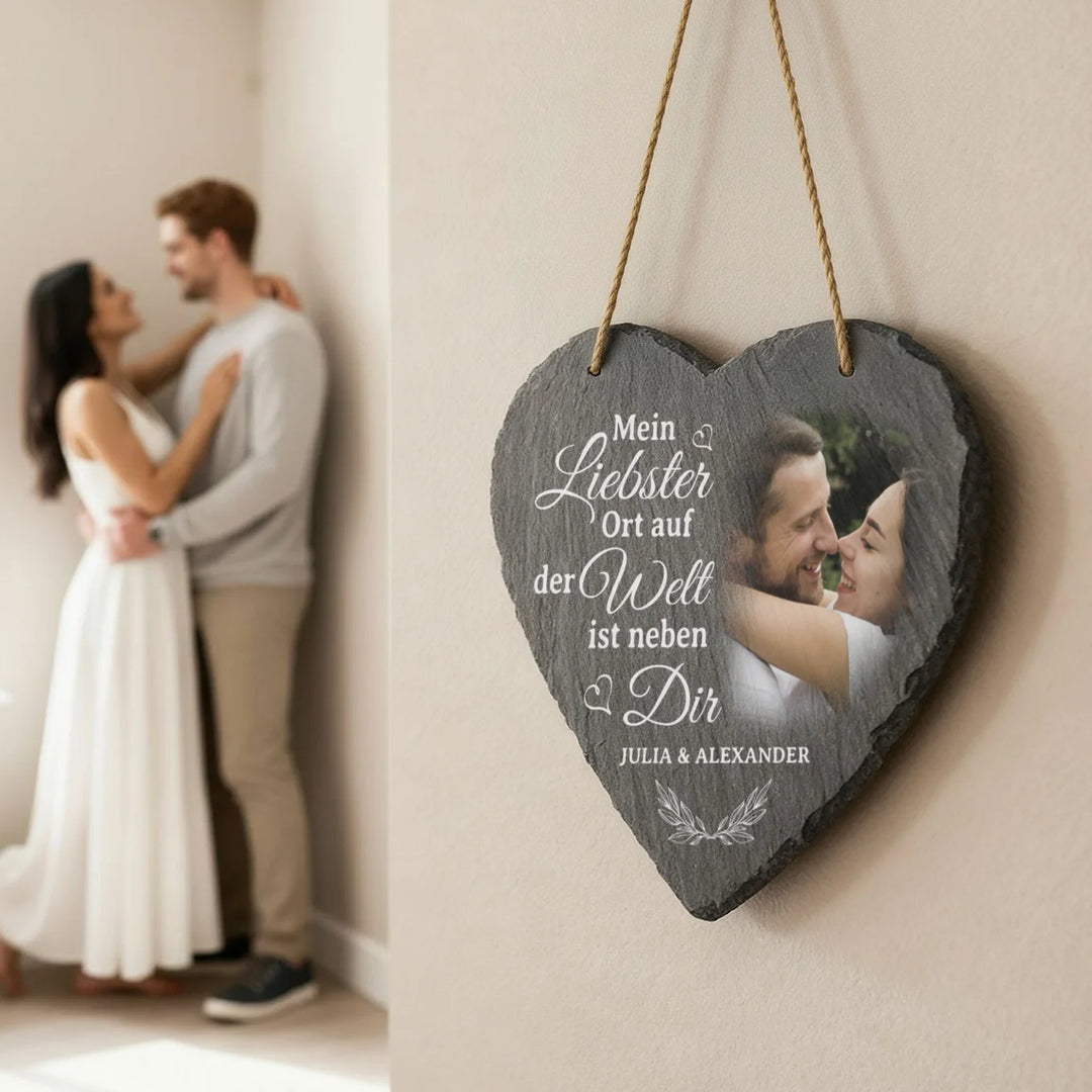 Personalisierte Schieferplatte Herz “Liebster Ort”