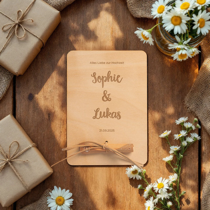 Personalisiertes Holzkarte "Hochzeit" als Geldgeschenk