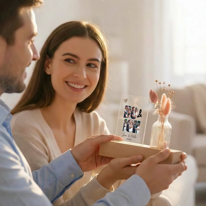 Personalisiertes Acryl-Glas mit Vase und Trockenblumen "Du & Ich"