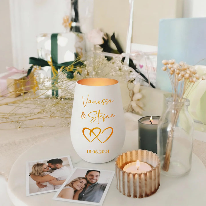 Personalisiertes Windlicht Weiß "Namen & Herzen"
