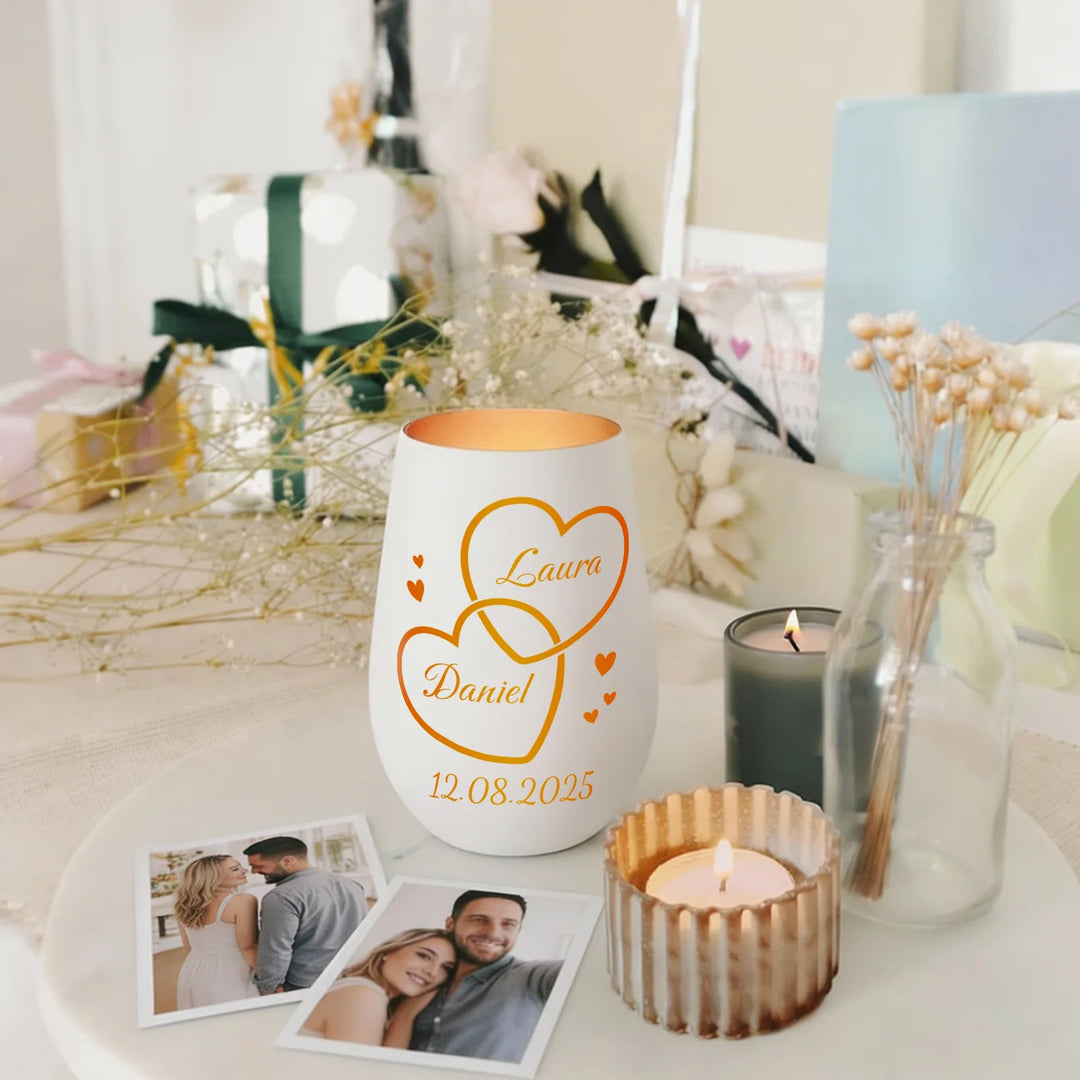 Personalisiertes Windlicht Weiß "Zwei Herzen”