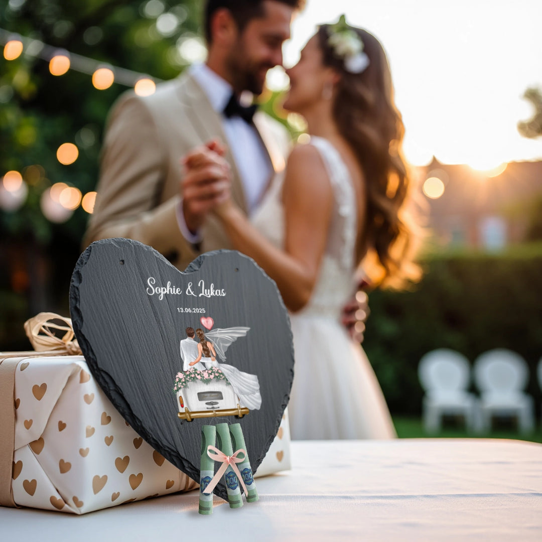 Personalisierte Schieferplatte Herz "Just Married"