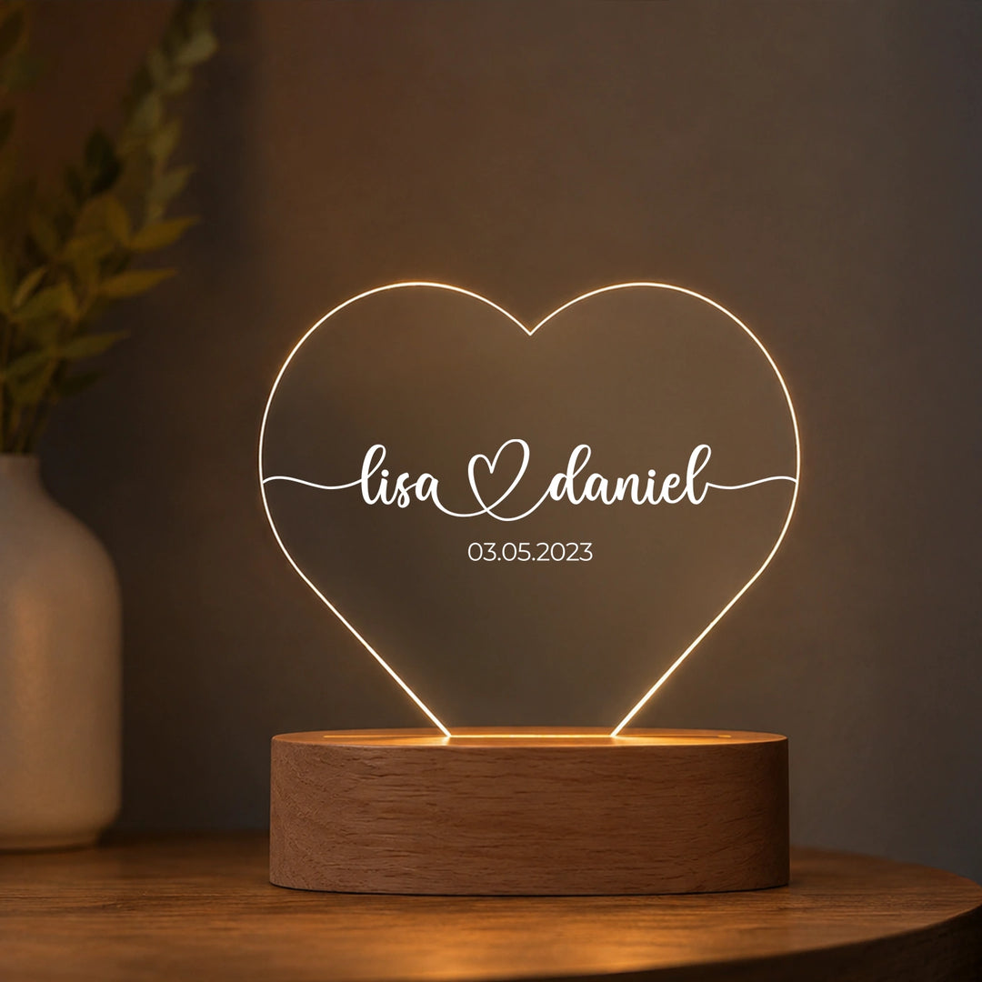Personalisiertes Herz Acryl-Licht "Namen & Datum" | Nachtlicht, Dekolicht, Glowlight