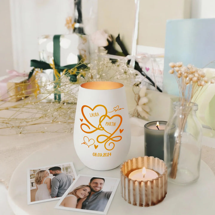 Personalisiertes Windlicht Weiß "Herzen"