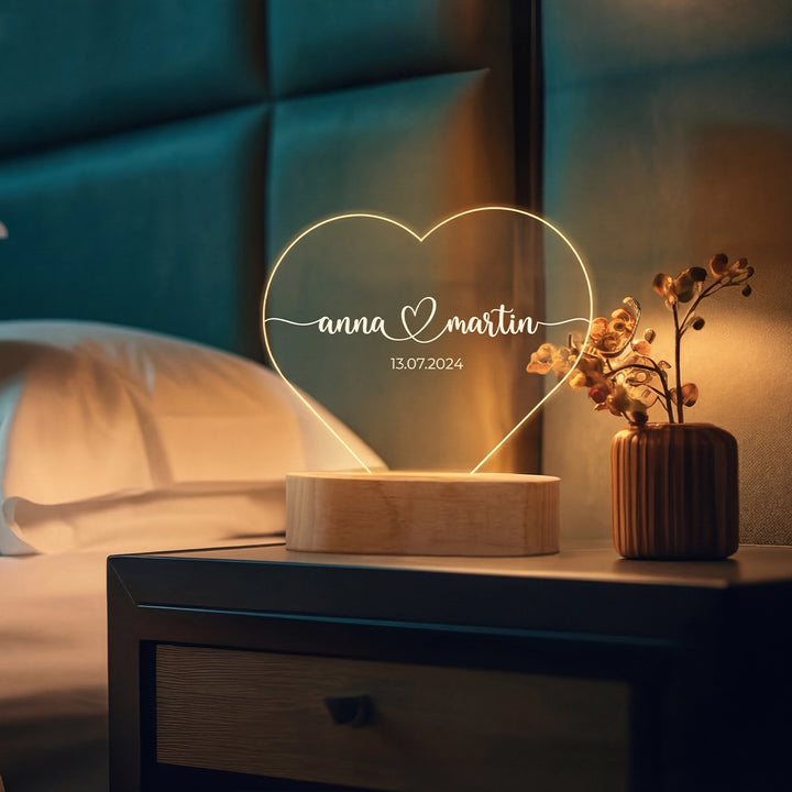 Personalisiertes Herz Acryl-Licht "Namen & Datum" | Nachtlicht, Dekolicht, Glowlight