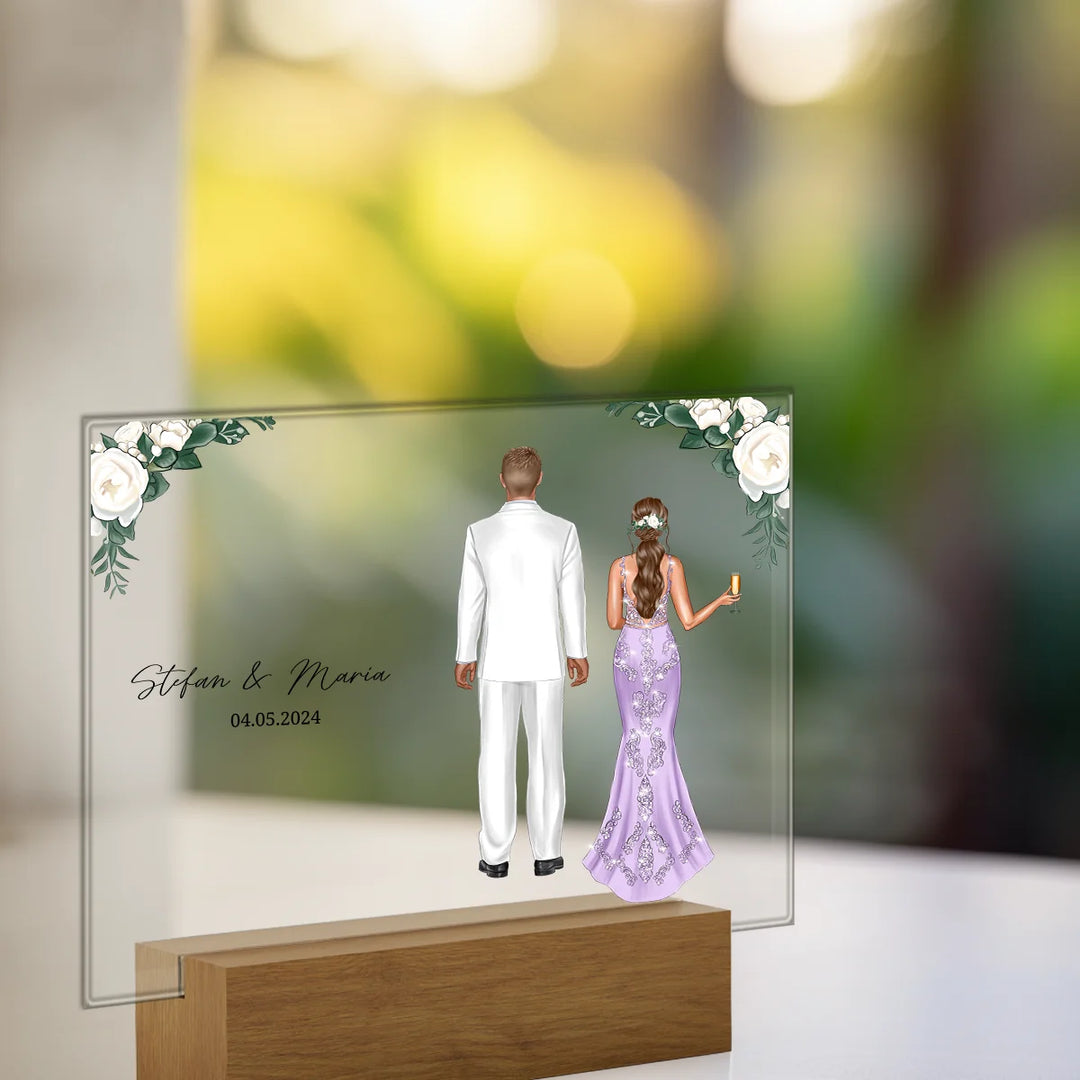 Personalized acrylic glass "Wedding Couple Flowers"