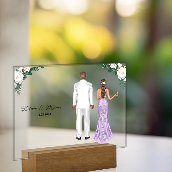 Personalized acrylic glass "Wedding Couple Flowers"