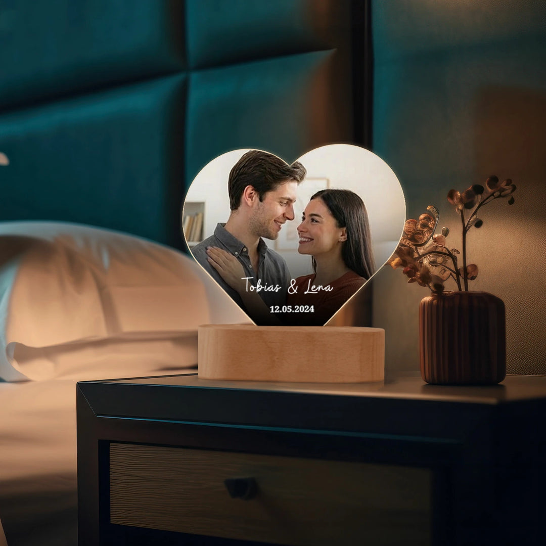 Personalisiertes Herz Acryl-Licht "Foto & Text" | Nachtlicht, Dekolicht, Glowlight