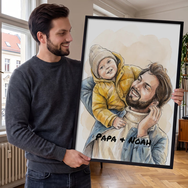 Vater hält ein Aquarell-Poster mit seinem kleinen Sohn im Zeichenstil in der Wohnung