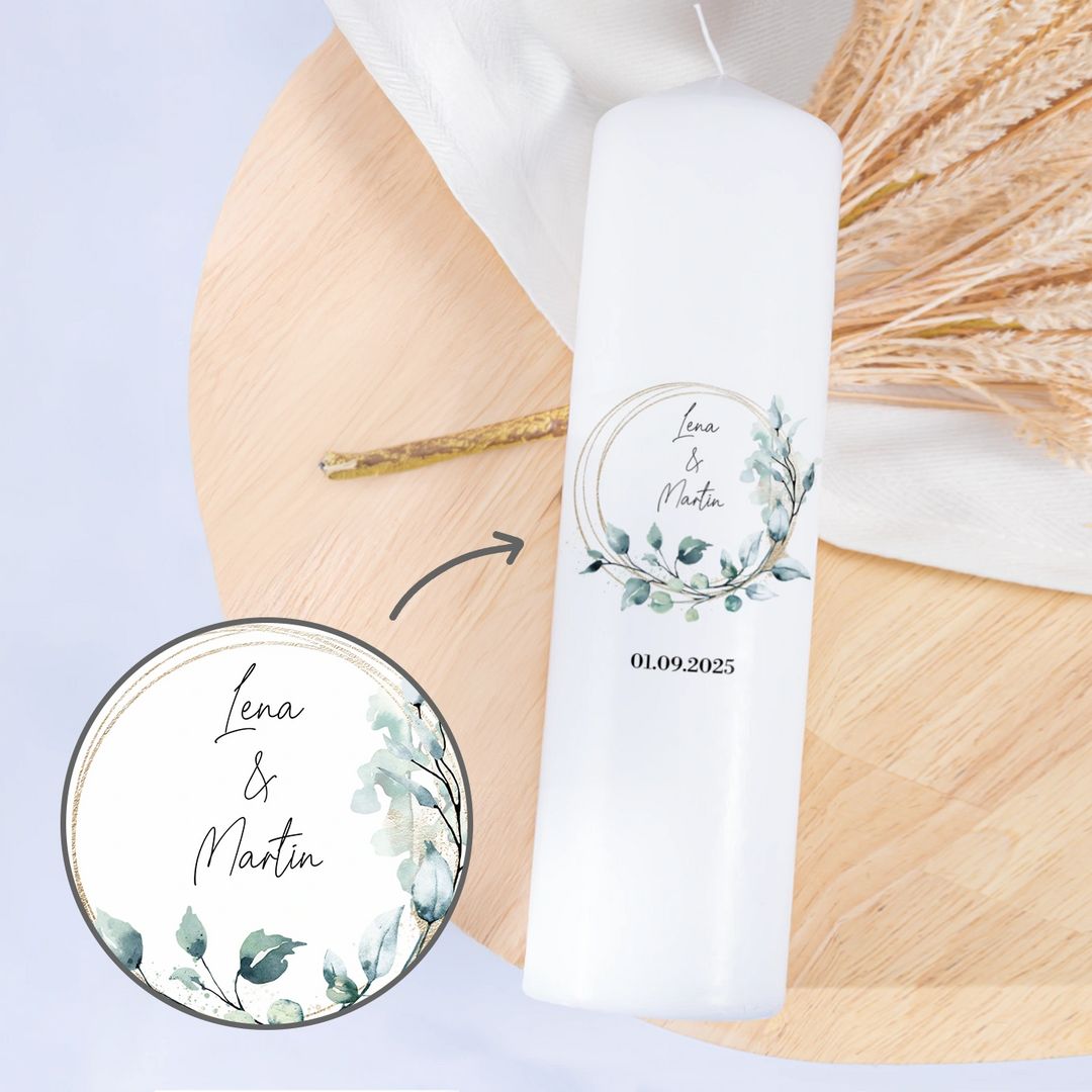 Personalisierte Kerze Hochzeit "Eukalyptus"