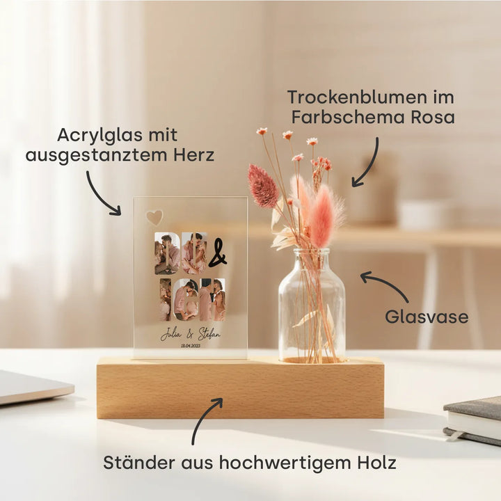 Personalisiertes Acryl-Glas mit Vase und Trockenblumen "Du & Ich"