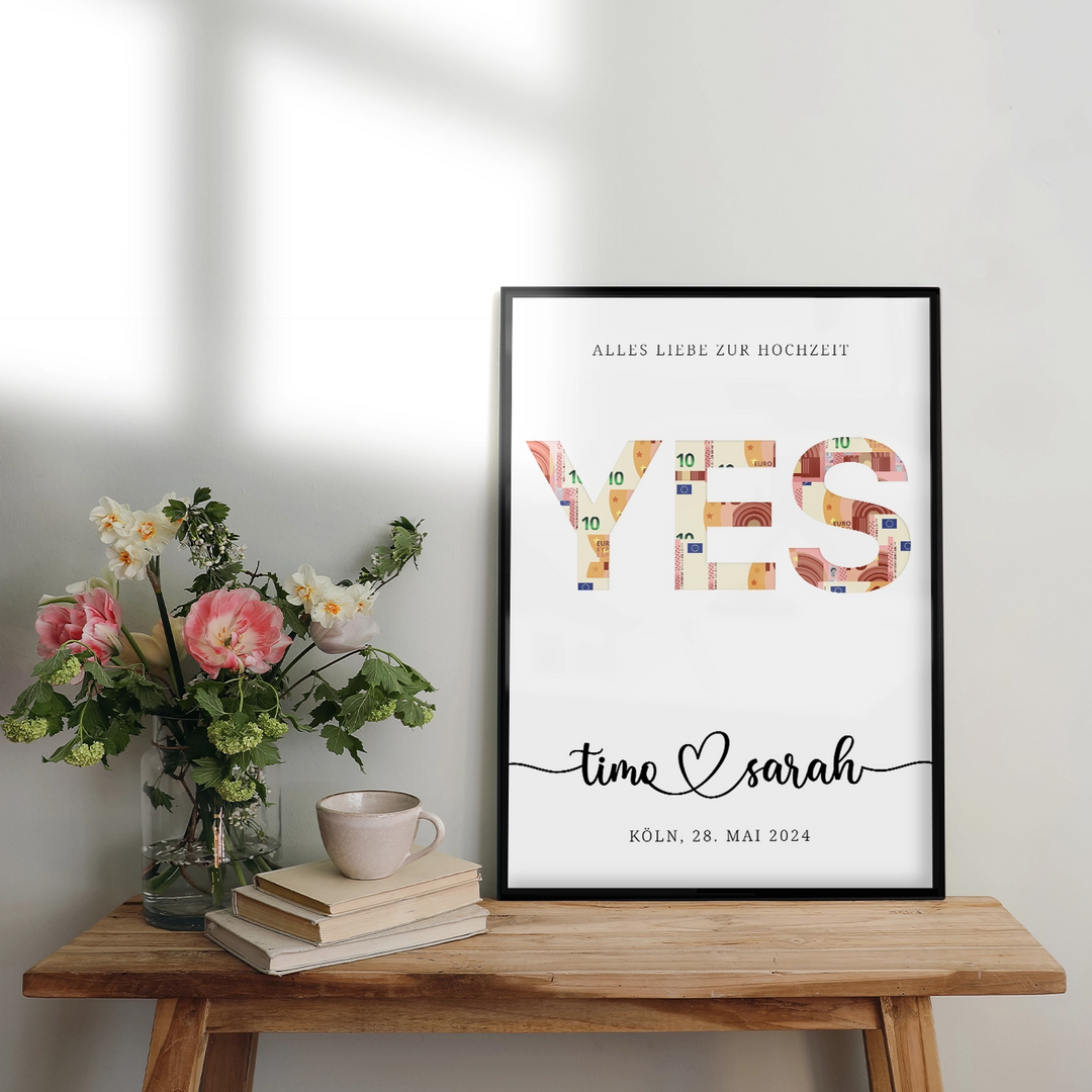 Personalized money gift for wedding "Yes"