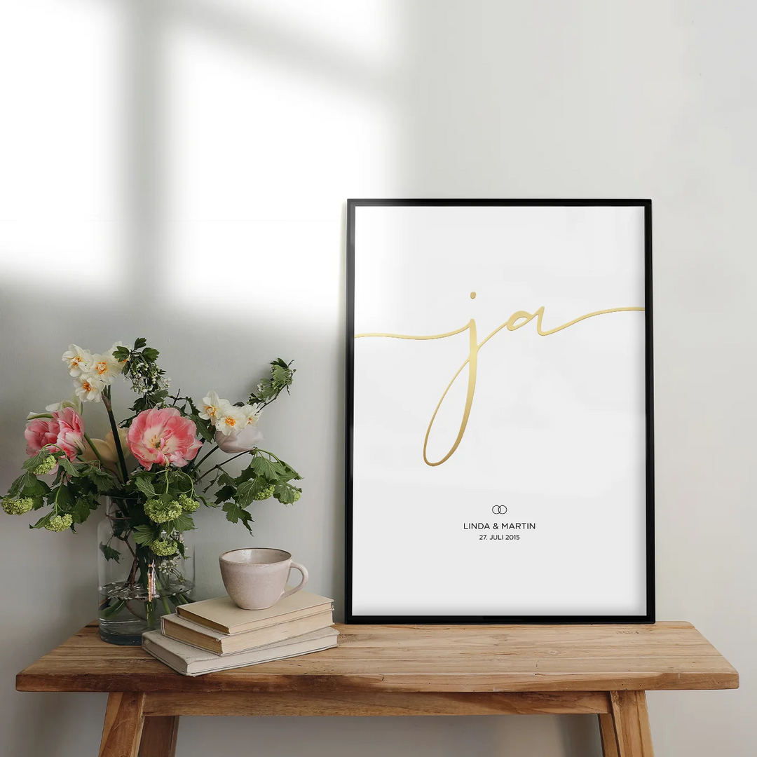 Hochzeitsposter "Ja" mit Goldschrift famwalls