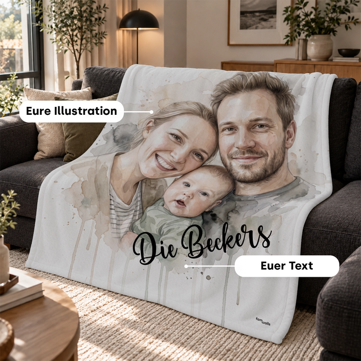 Decke „Familie Wasserfarben“ auf dem Sofa mit Familien-Illustration und Text „Die Beckers“