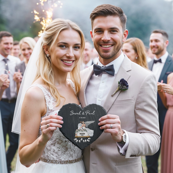 Personalisierte Schieferplatte Herz "Just Married"
