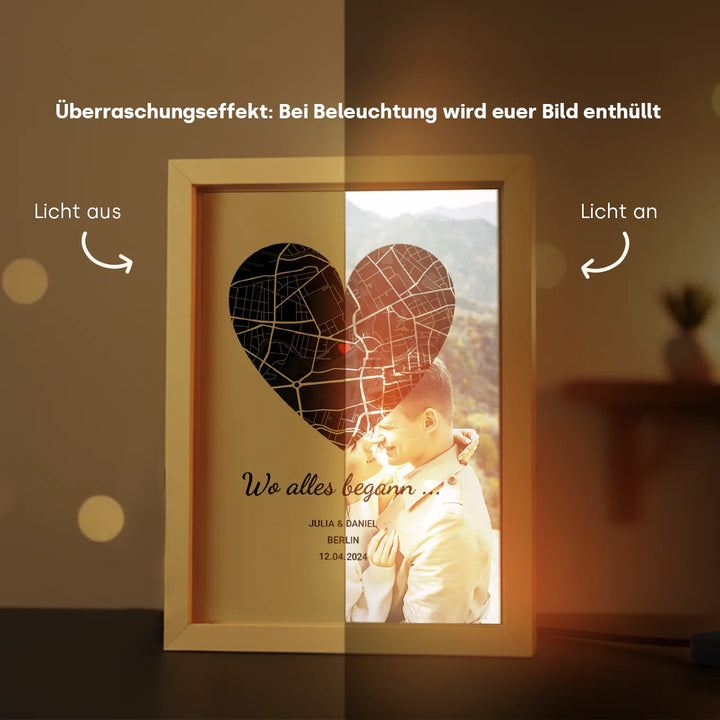 LED Bilderrahmen mit personalisiertem Bild "Wo alles begann"