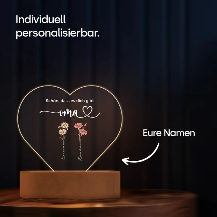 Personalisiertes Herz Acryl-Licht "Blumen für Oma" | Nachtlicht, Dekolicht, Glowlight