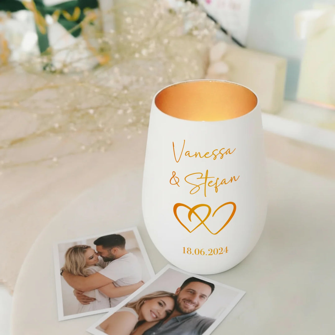 Personalisiertes Windlicht Weiß "Namen & Herzen"
