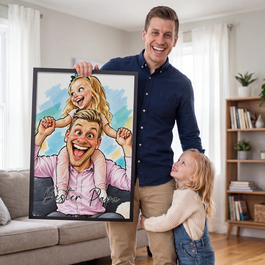 Vater und Tochter halten das Karikatur-Poster mit Schriftzug Bester Papa im Wohnzimmer