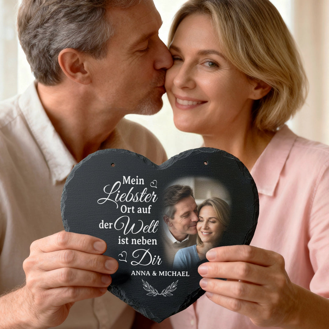 Personalisierte Schieferplatte Herz “Liebster Ort”