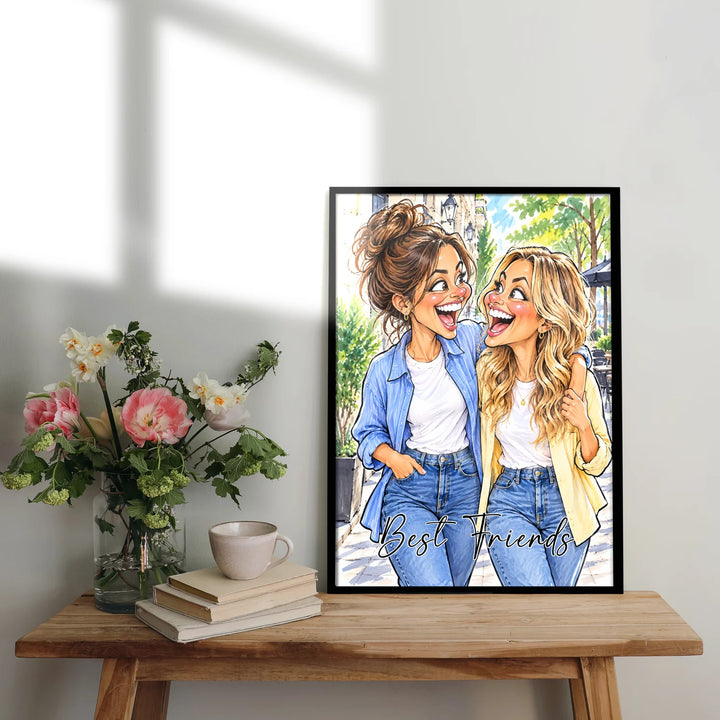 Gerahmtes Poster mit zwei lachenden Freundinnen und Schriftzug Best Friends auf einem Sideboard