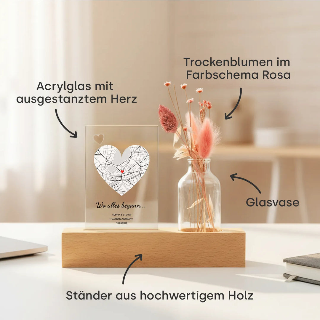 Personalisiertes Acryl-Glas mit Vase und Trockenblumen "Wo alles begann"