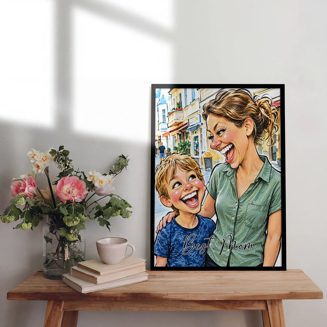 Sketch-Poster mit Mama, Sohn und Schriftzug Best Mom auf einem Holztisch mit Blumen