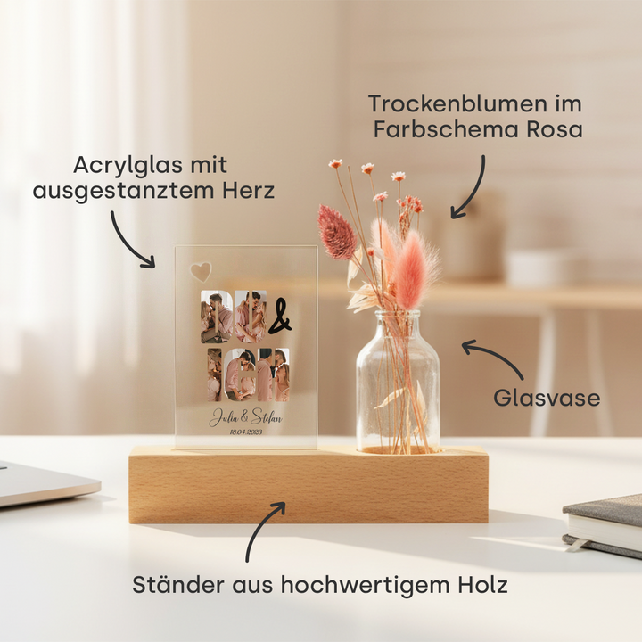 Personalisiertes Acryl-Glas mit Vase und Trockenblumen "Du & Ich"