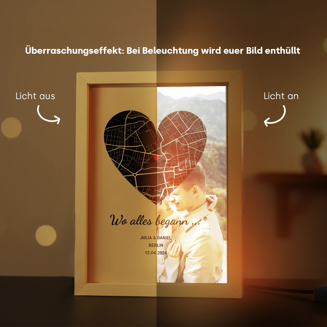 LED Bilderrahmen mit personalisiertem Bild "Wo alles begann"