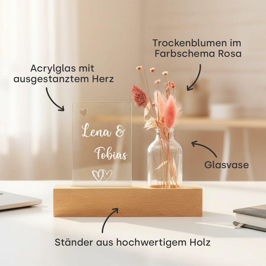 Personalisiertes Acryl-Glas mit Vase und Trockenblumen "Eure Namen"