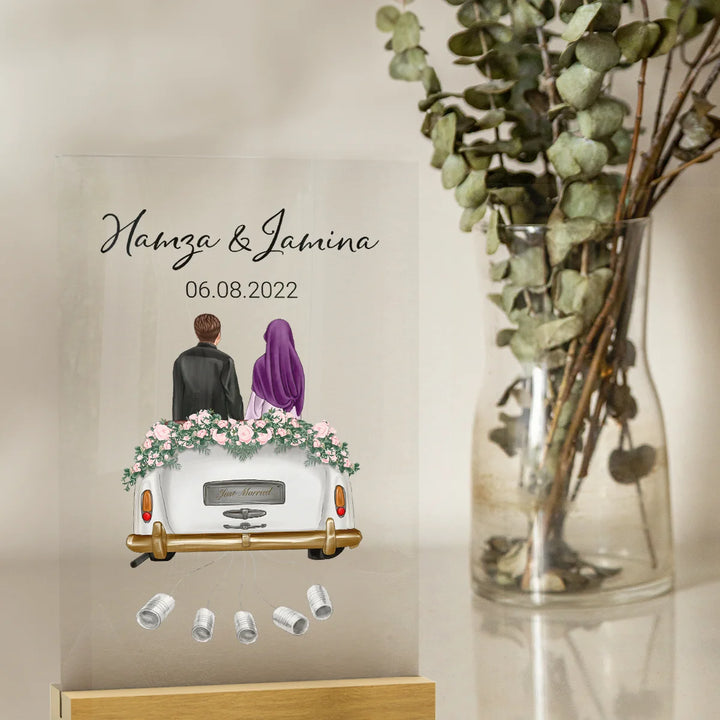 "Just Married" - Personalized acrylic board as a money gift | Muslim couple