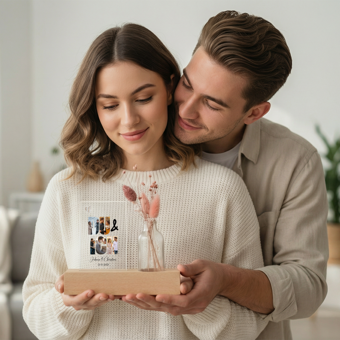Personalisiertes Acryl-Glas mit Vase und Trockenblumen "Du & Ich"