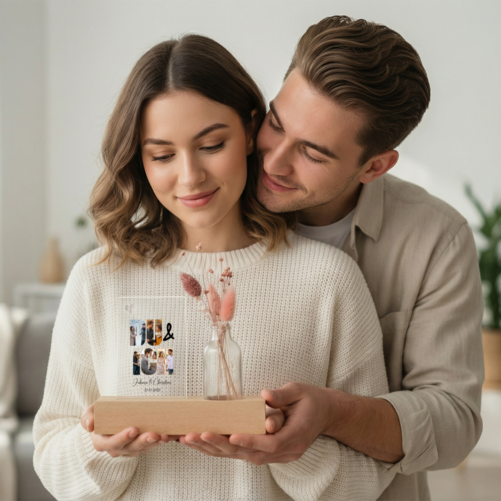 Personalisiertes Acryl-Glas mit Vase und Trockenblumen "Du & Ich"