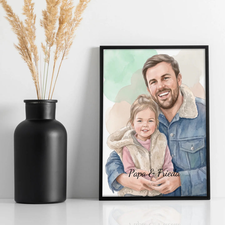 Aquarell-Poster von Papa und Tochter im schwarzen Rahmen neben einer Vase