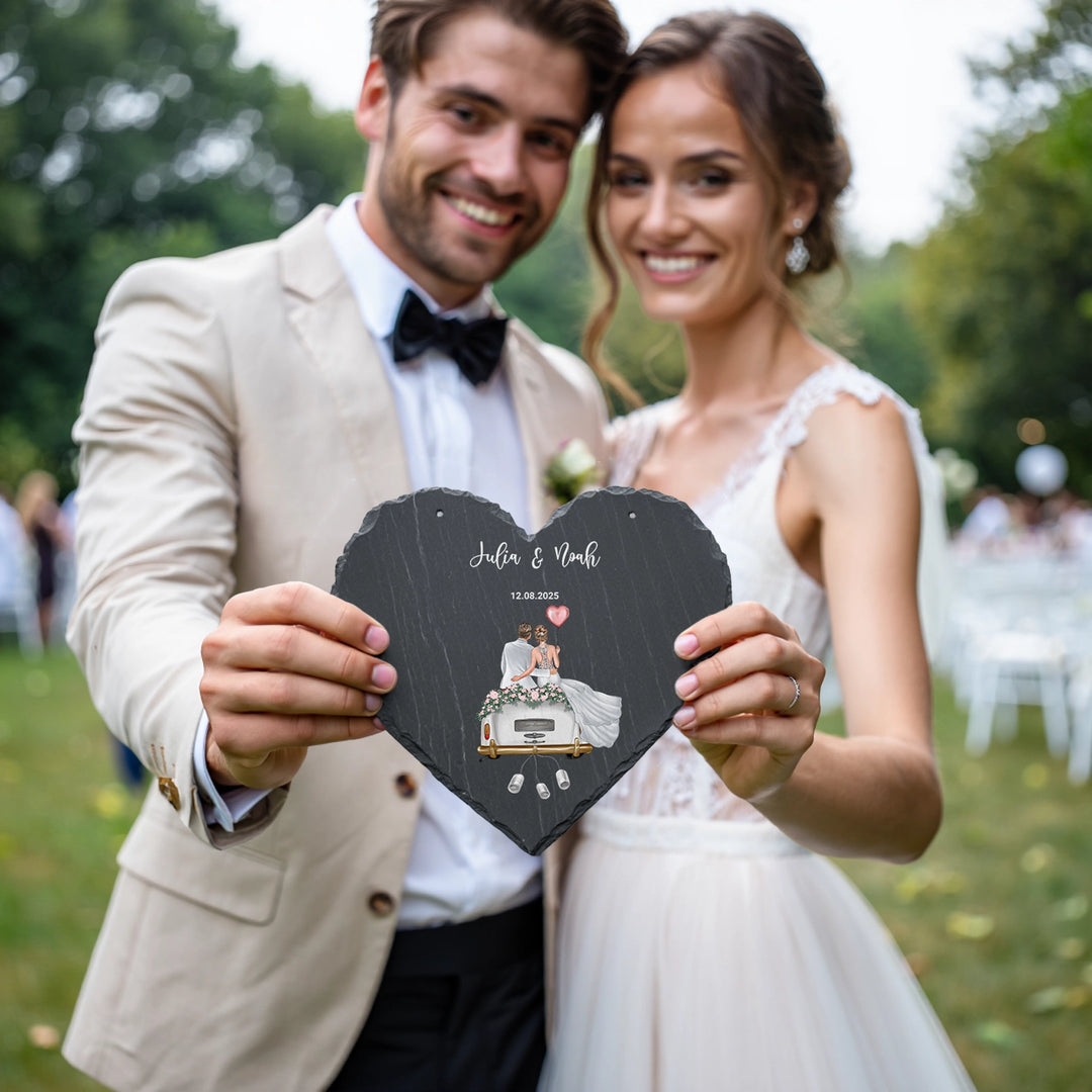 Personalisierte Schieferplatte Herz "Just Married"