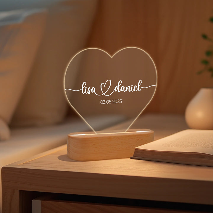 Personalisiertes Herz Acryl-Licht "Namen & Datum" | Nachtlicht, Dekolicht, Glowlight
