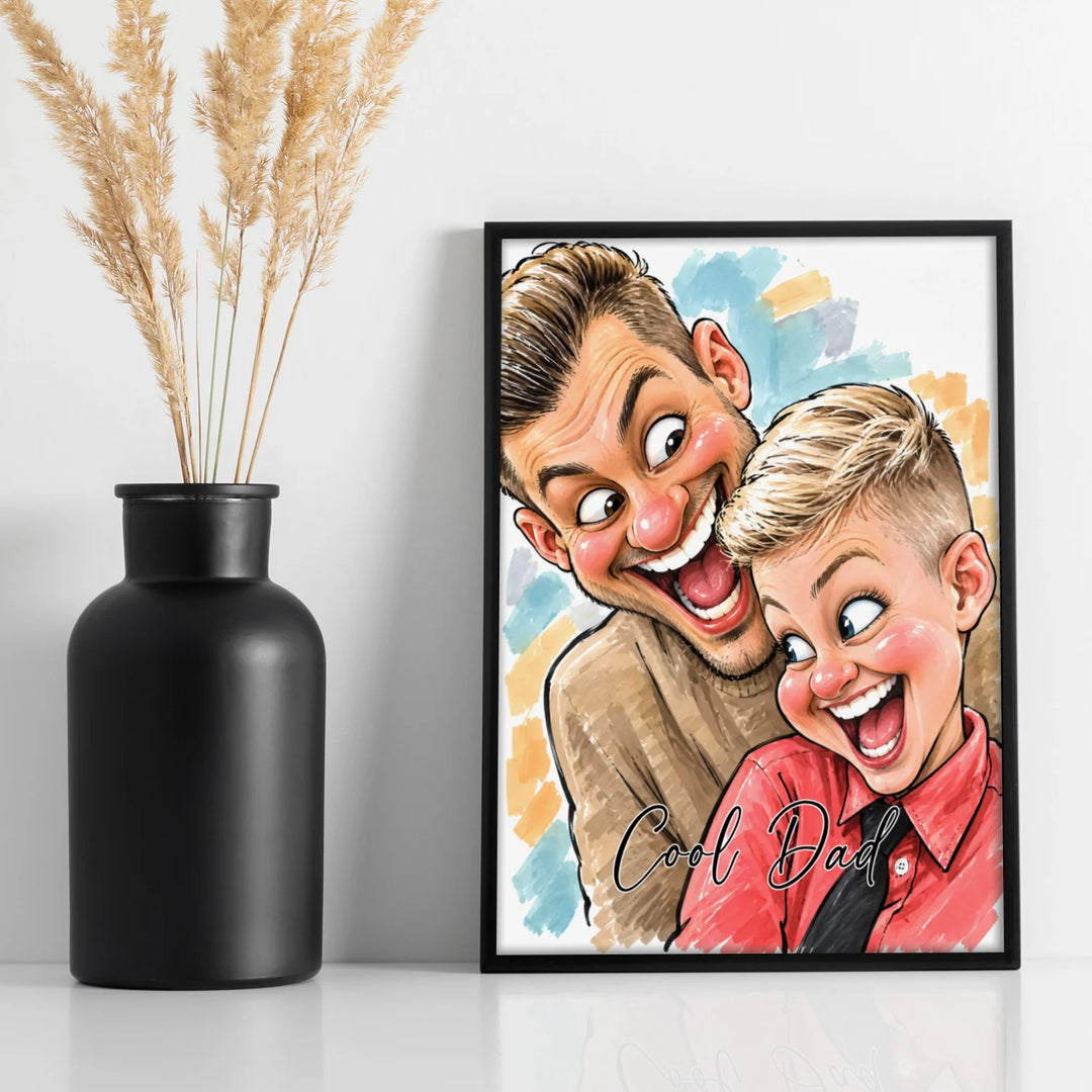 Gerahmtes Karikatur-Poster von Vater und Sohn neben einer schwarzen Vase