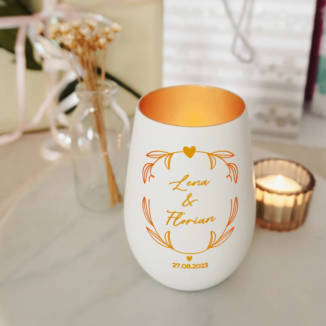 Personalisiertes Windlicht Weiß "Namen & Datum"