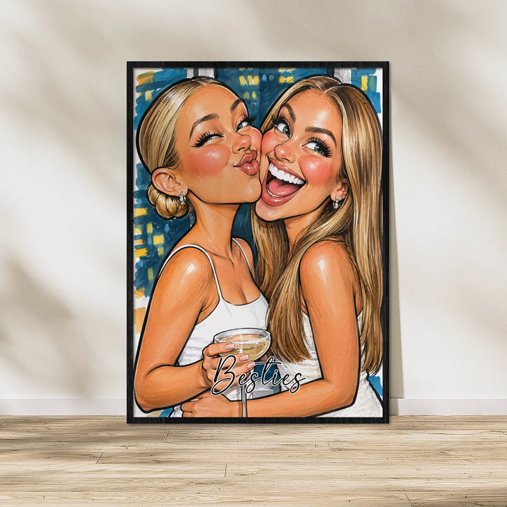 Besties-Sketch-Poster mit Karikatur zweier Freundinnen im schwarzen Rahmen