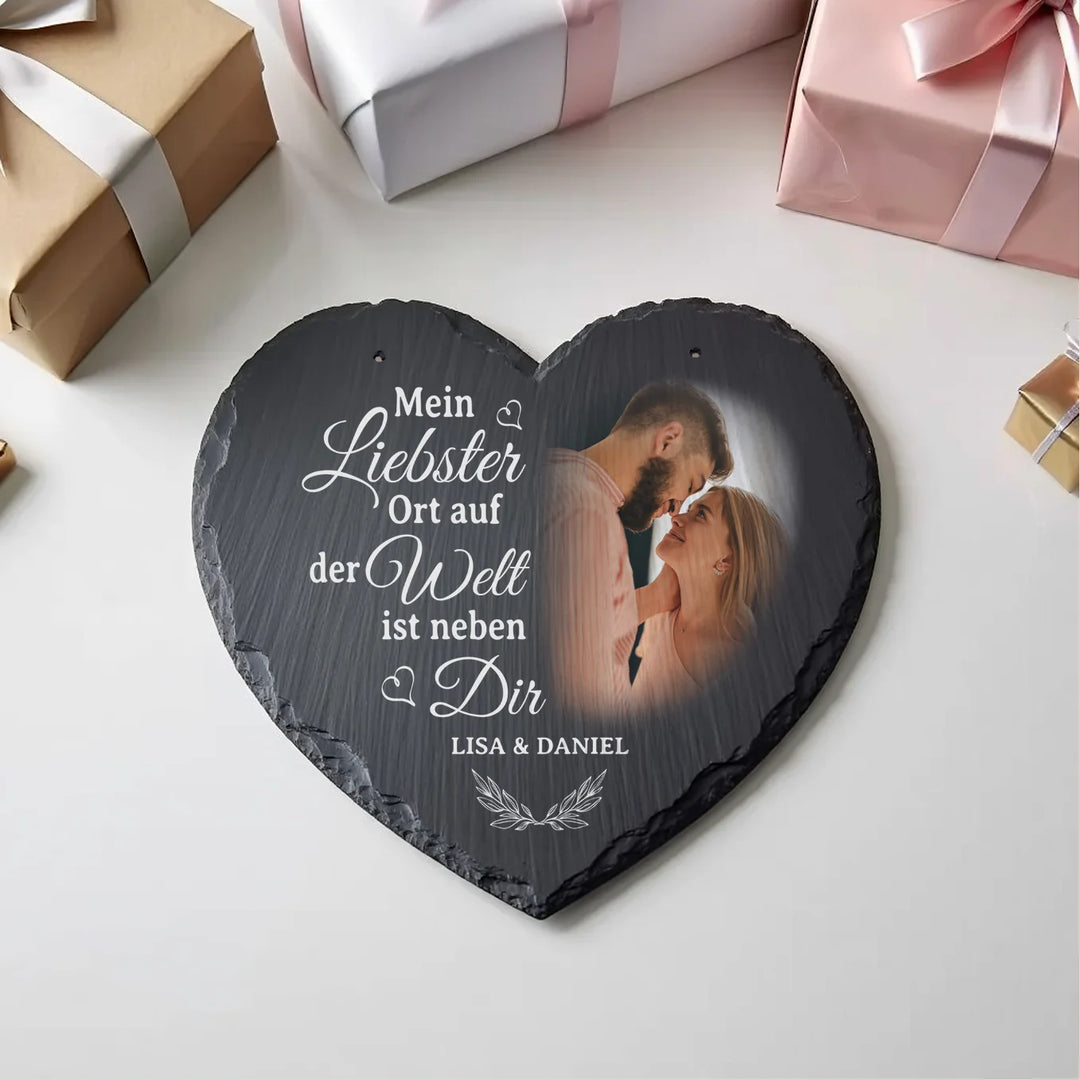 Personalisierte Schieferplatte Herz “Liebster Ort”