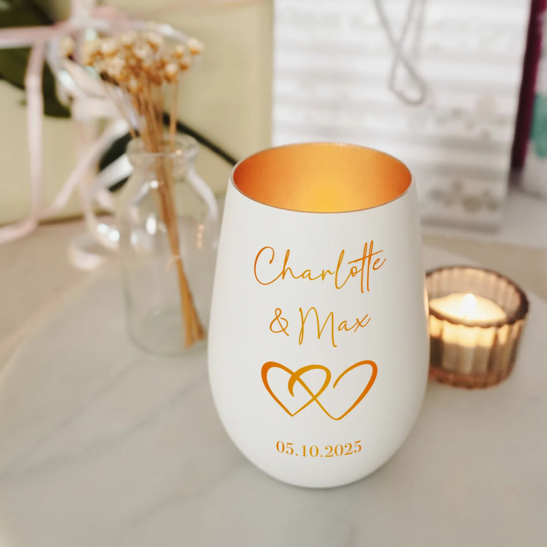 Personalisiertes Windlicht Weiß "Namen & Herzen"