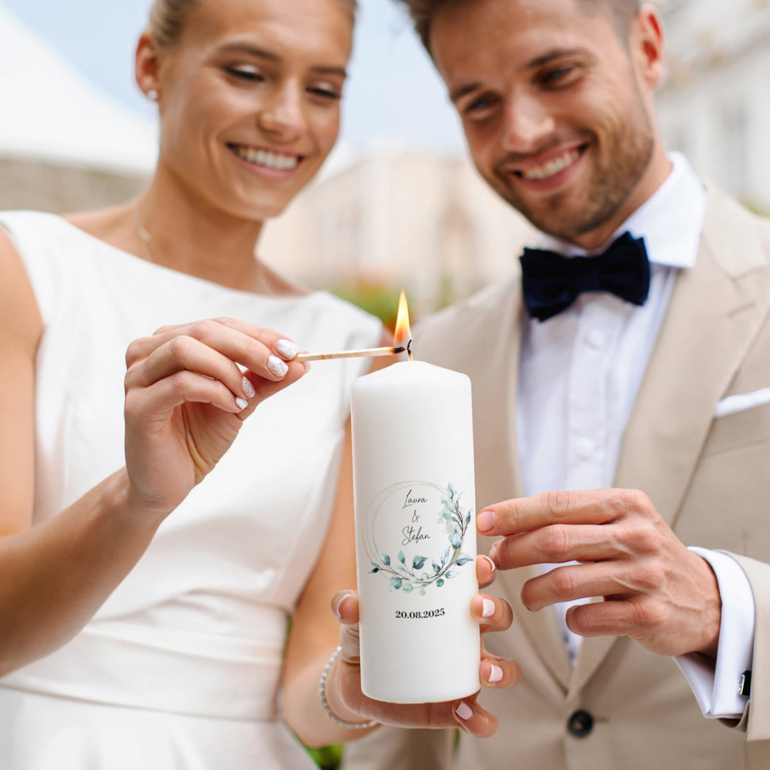Personalisierte Kerze Hochzeit "Eukalyptus"