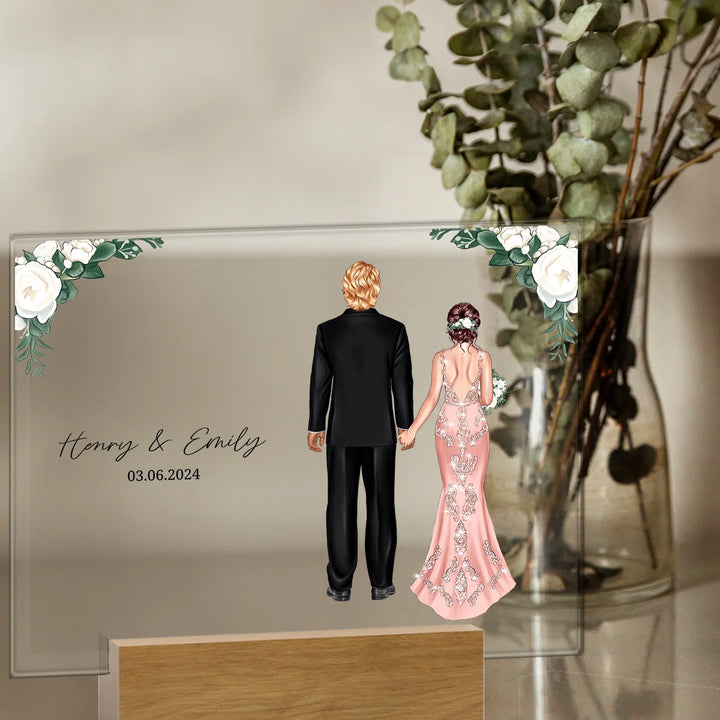 Personalized acrylic glass "Wedding Couple Flowers"