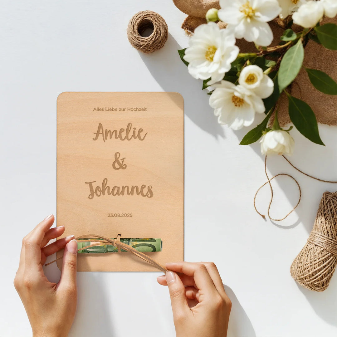 Personalisiertes Holzkarte "Hochzeit" als Geldgeschenk